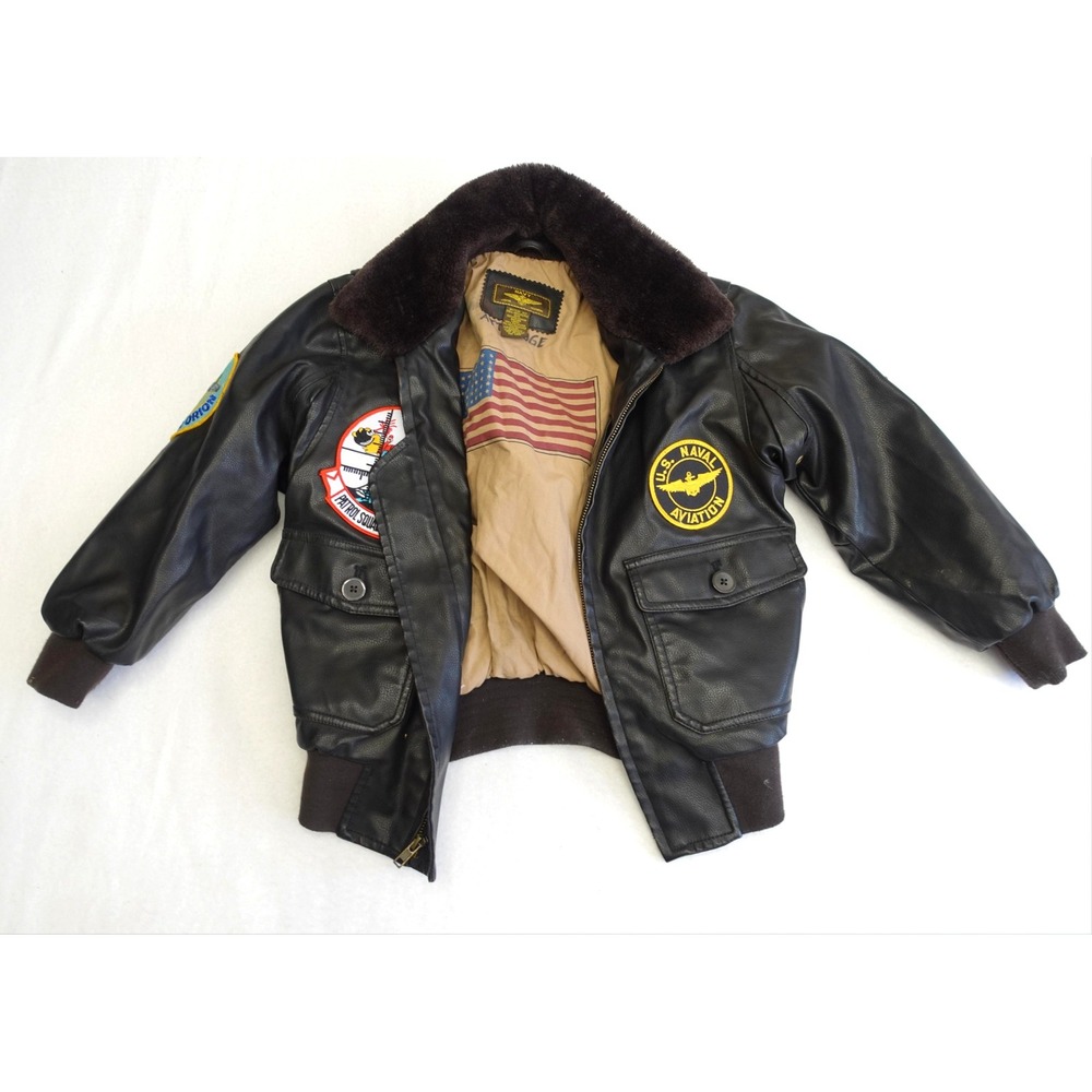 Landing Leathers Jacket Boys XS 6/7 Brown Faux Leather Flight Bomber Patches